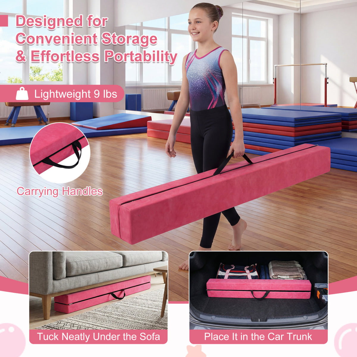 7 Feet Folding Portable Floor Balance Beam with Handles for Gymnasts-Rose