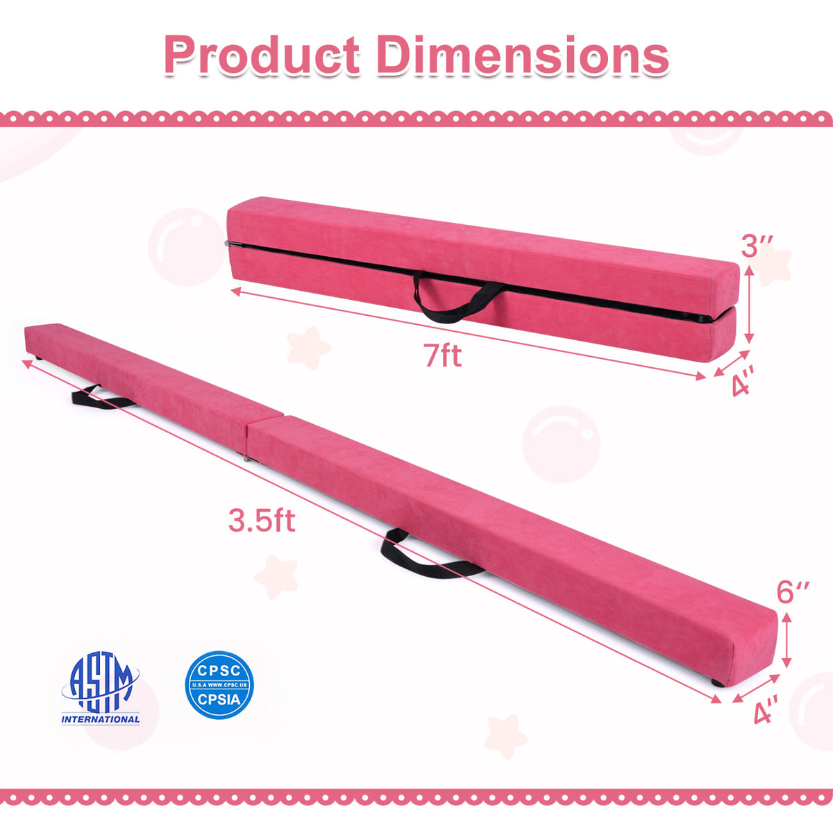7 Feet Folding Portable Floor Balance Beam with Handles for Gymnasts-Rose