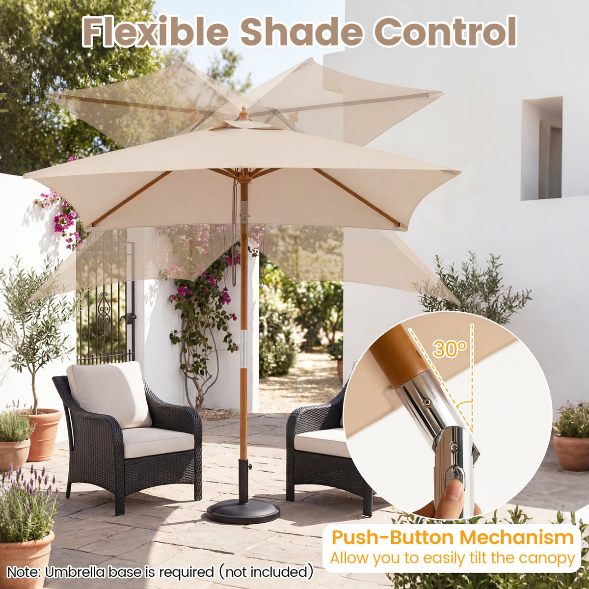 7 Feet Outdoor Rectangular Patio Umbrella with 3 Adjustable Heights-Beige