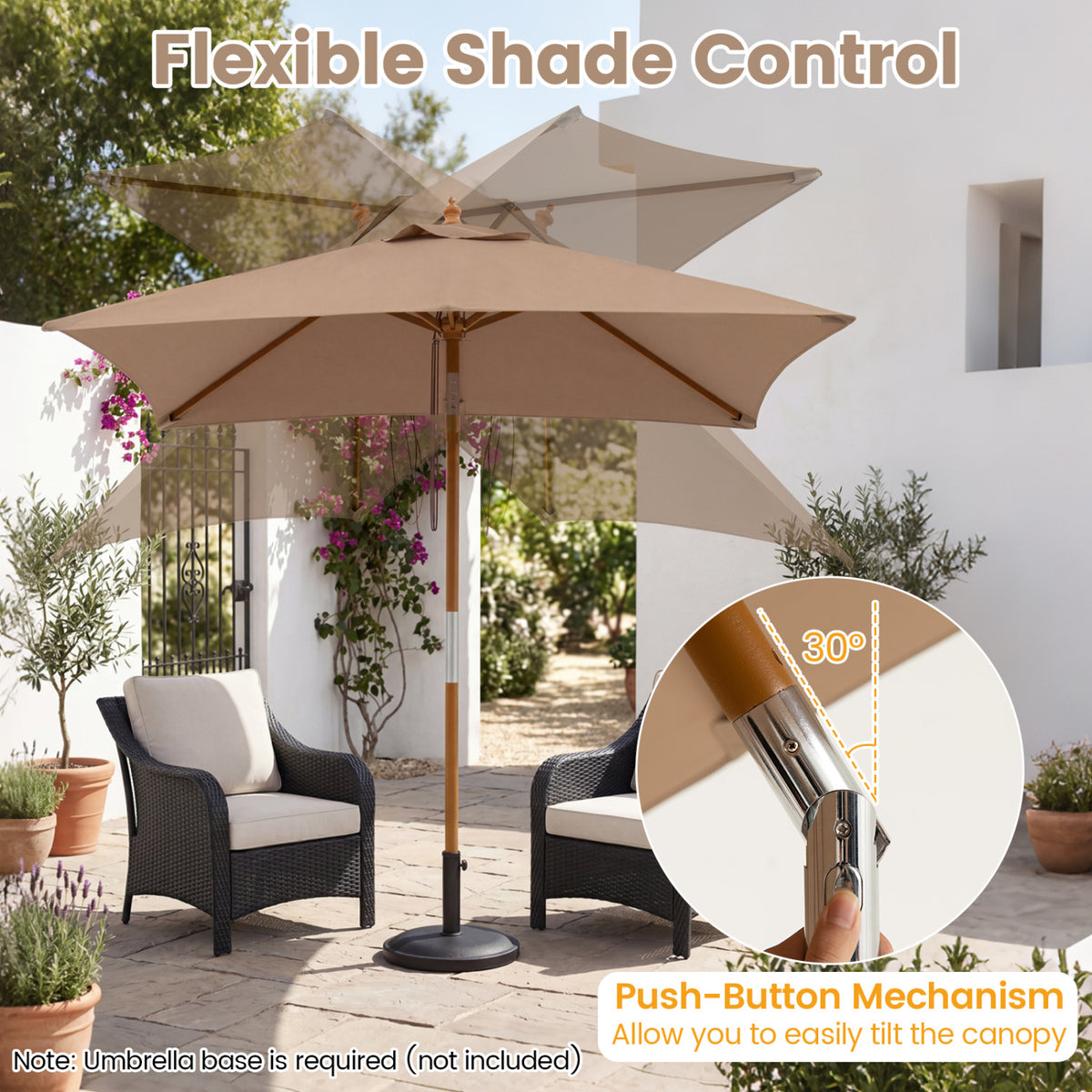 7 Feet Outdoor Rectangular Patio Umbrella with 3 Adjustable Heights-Coffee