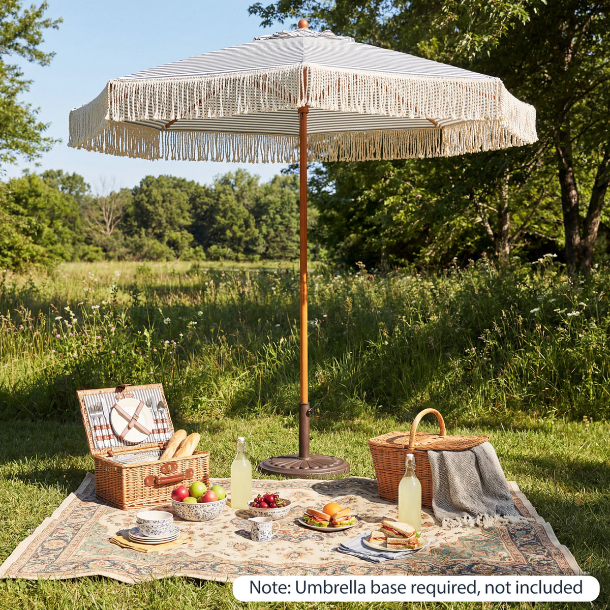 7 Feet Patio Umbrella with Fringe Sun-Protective Beach Umbrella with Boho Tassel-Blue