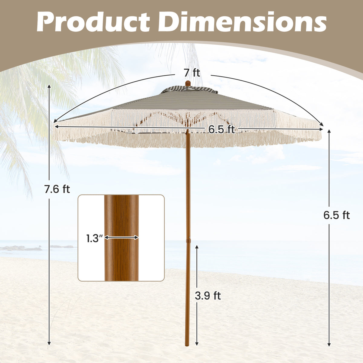 7 Feet Patio Umbrella with Fringe Sun-Protective Beach Umbrella with Boho Tassel-Green