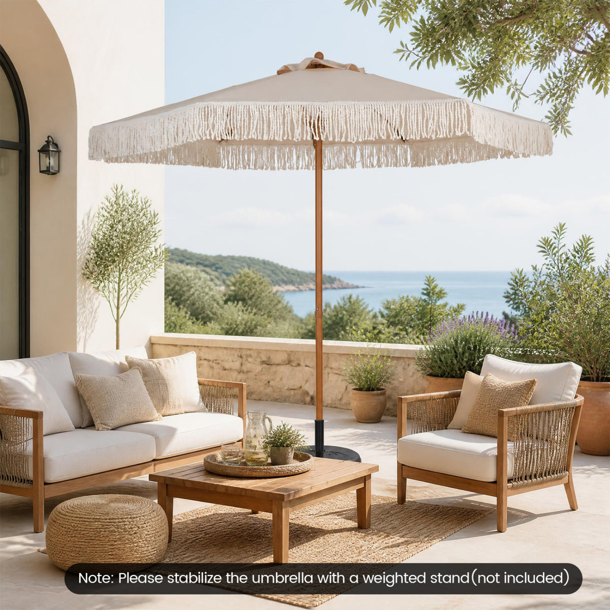 7 Feet Patio Umbrella with Fringe Sun-Protective Beach Umbrella with Boho Tassel-Beige
