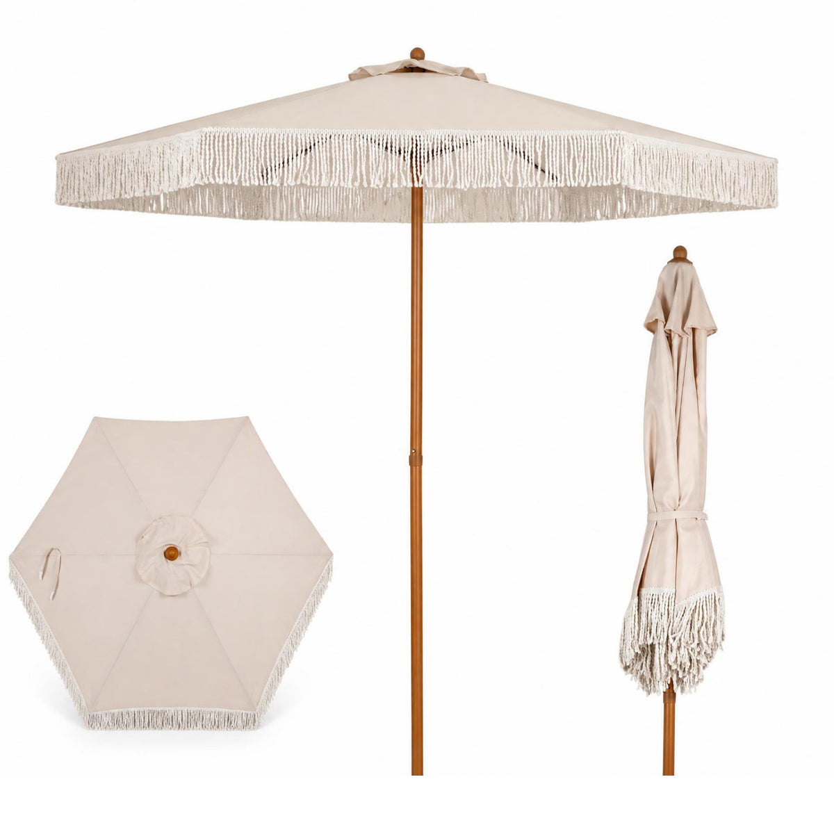 7 Feet Patio Umbrella with Fringe Sun-Protective Beach Umbrella with Boho Tassel-Beige
