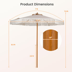 7 Feet Patio Umbrella with Fringe Sun-Protective Beach Umbrella with Boho Tassel-Beige