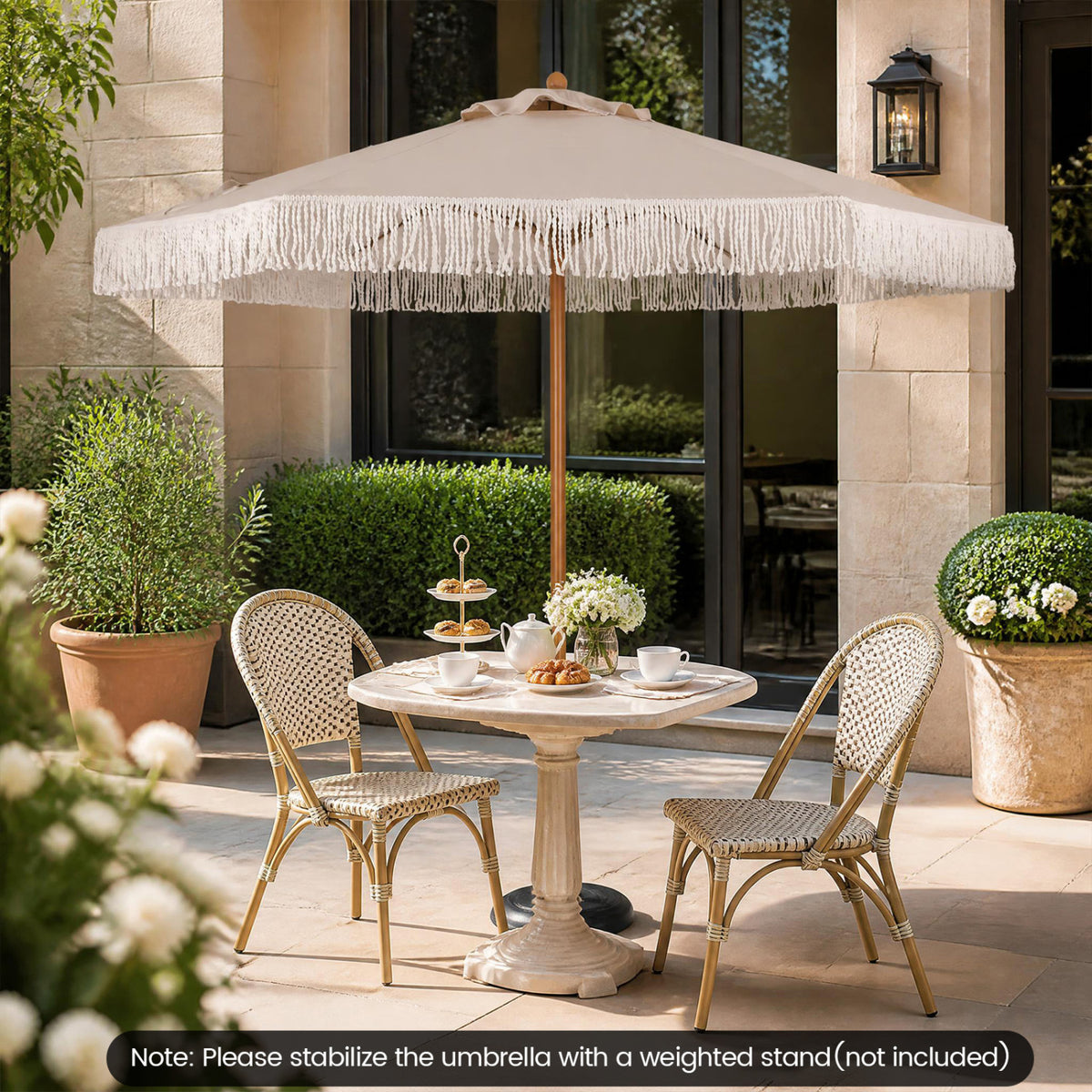 7 Feet Patio Umbrella with Fringe Sun-Protective Beach Umbrella with Boho Tassel-Beige