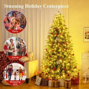 7 Feet Pre-Lit Artificial Christmas Tree Hinged Faux Xmas Tree with Soft Branch Tips