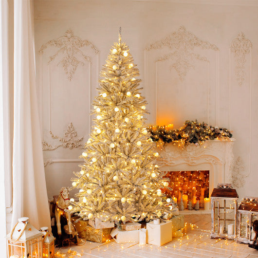 7 Feet Snow-flocked Artificial Christmas Tree Pre-lit Hinged with 81 Sphere Lights and Remote