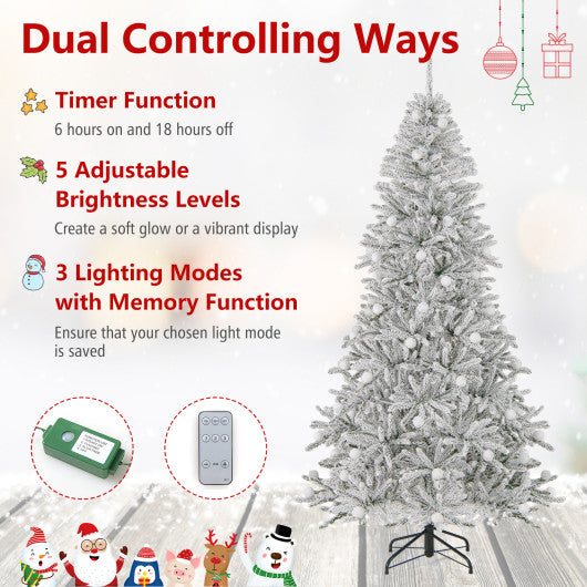 8 Feet Snow-flocked Artificial Christmas Tree Pre-lit Hinged with 81 Sphere Lights and Remote