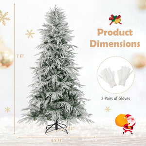 7 Feet Snow-flocked Artificial Christmas Tree Pre-lit Hinged Xmas Tree with Warm White LED Lights