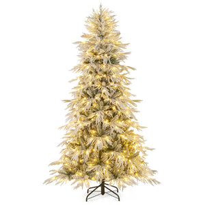 7 Feet Snow-flocked Artificial Christmas Tree Pre-lit Hinged Xmas Tree with Warm White LED Lights