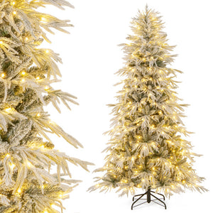 7 Feet Snow-flocked Artificial Christmas Tree Pre-lit Hinged Xmas Tree with Warm White LED Lights