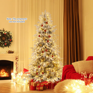 7 Feet Snow-flocked Artificial Christmas Tree Pre-lit Hinged Xmas Tree with Warm White LED Lights