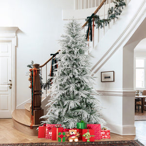 8 Feet Snow-flocked Artificial Christmas Tree Pre-lit Hinged Xmas Tree with Warm White LED Lights