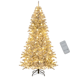 7 Feet Snow-flocked Artificial Christmas Tree Pre-lit Hinged with 81 Sphere Lights and Remote-7ft