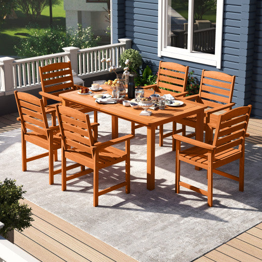 7 Pcs Outdoor Dining Set Teak Oil Finish Slatted Rectangular Dining Table and 6 Armchairs