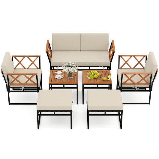 7 Piece Outdoor Conversation Set with Cushions and Bungee Rope Seat-Beige