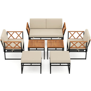 7 Piece Outdoor Conversation Set with Cushions and Bungee Rope Seat-Beige