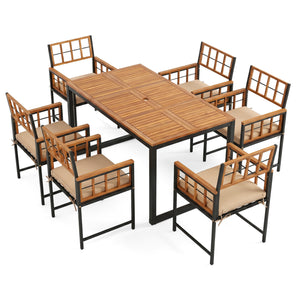 7-Piece Outdoor Dining Set with Acacia Wood Table & Chairs and Umbrella Hole-Natural & Black