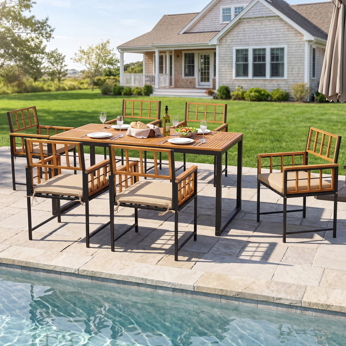 7-Piece Outdoor Dining Set with Acacia Wood Table & Chairs and Umbrella Hole-Natural & Black