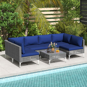 7 Piece Outdoor Furniture Set Wicker Chairs with Tempered Glass Coffee Table-Navy