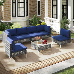 7 Piece Outdoor Furniture Set Wicker Chairs with Tempered Glass Coffee Table-Navy