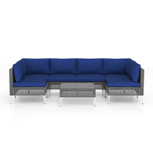 7 Piece Outdoor Furniture Set Wicker Chairs with Tempered Glass Coffee Table-Navy
