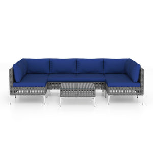 7 Piece Outdoor Furniture Set Wicker Chairs with Tempered Glass Coffee Table-Navy