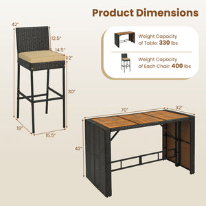 7-Piece Outdoor PE Wicker Bar Set with Bar Height Table and 6 Cushioned Stools for Yard-Brown