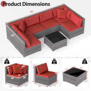 7-Piece PE Rattan Patio Set with Glass Table & Soft Cushions for Outdoor-Red