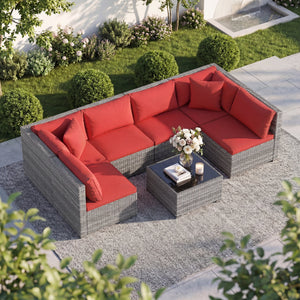 7-Piece PE Rattan Patio Set with Glass Table & Soft Cushions for Outdoor-Red