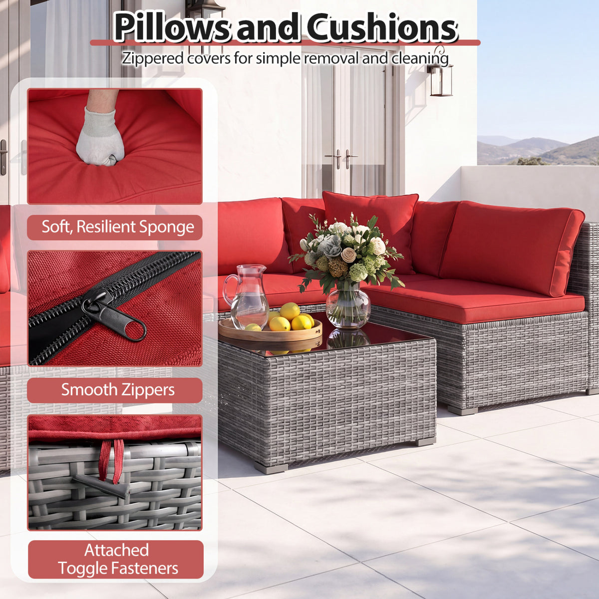 7-Piece PE Rattan Patio Set with Glass Table & Soft Cushions for Outdoor-Red