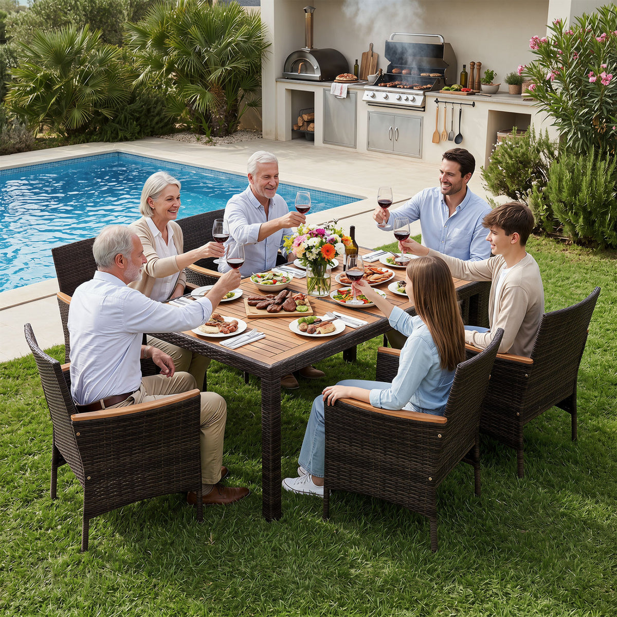 7-Piece Patio Dining Set with Wood Tabletop and Padded Cushion for Backyard-Brown