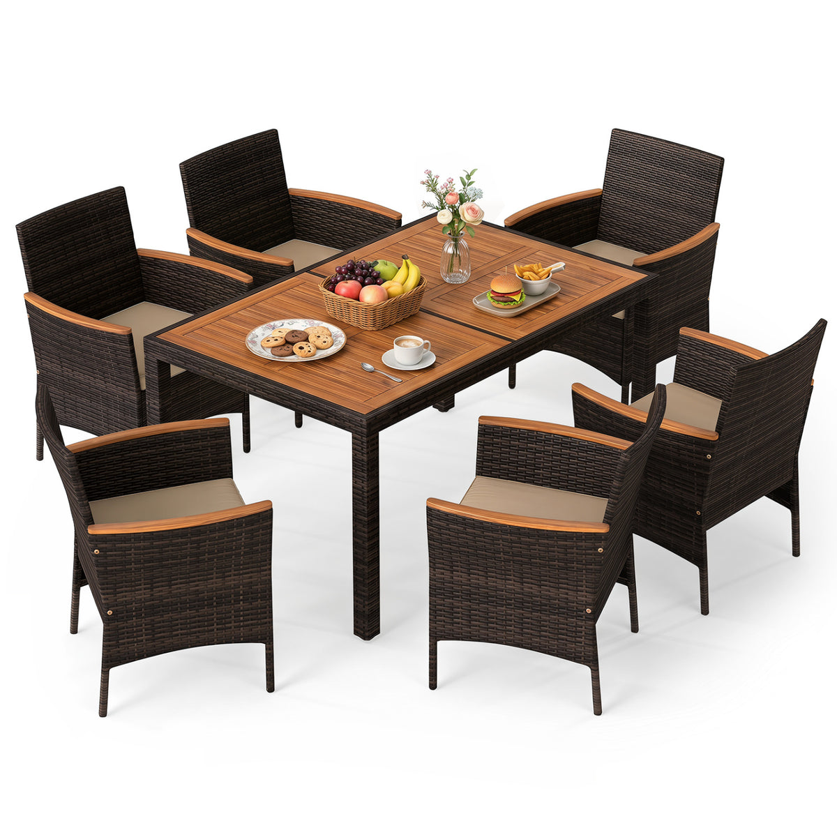 7-Piece Patio Dining Set with Wood Tabletop and Padded Cushion for Backyard-Brown