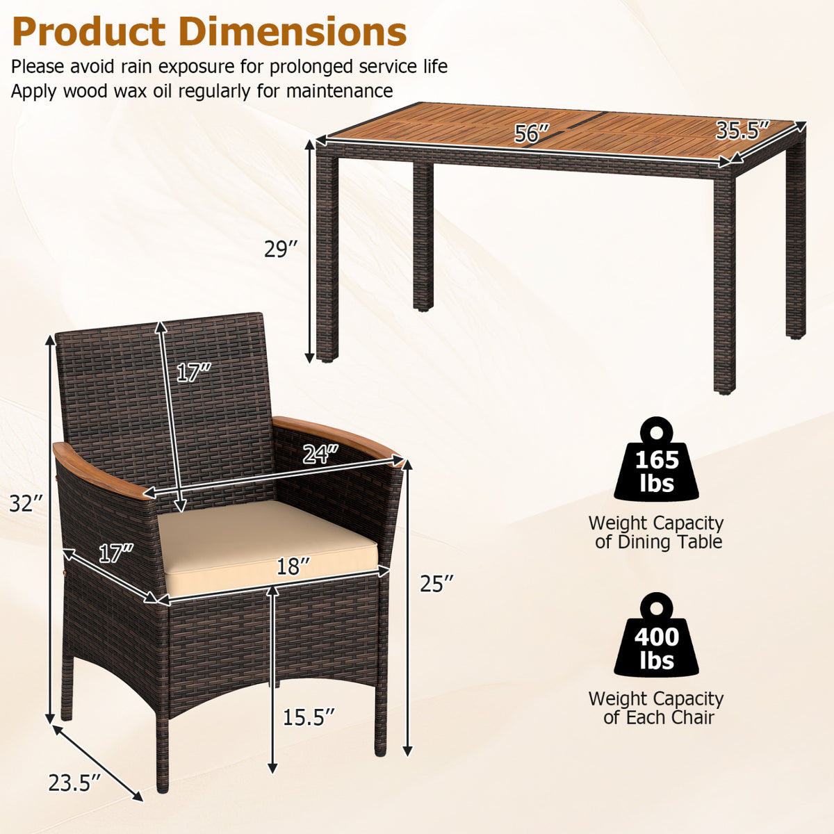 7-Piece Patio Dining Set with Wood Tabletop and Padded Cushion for Backyard-Brown