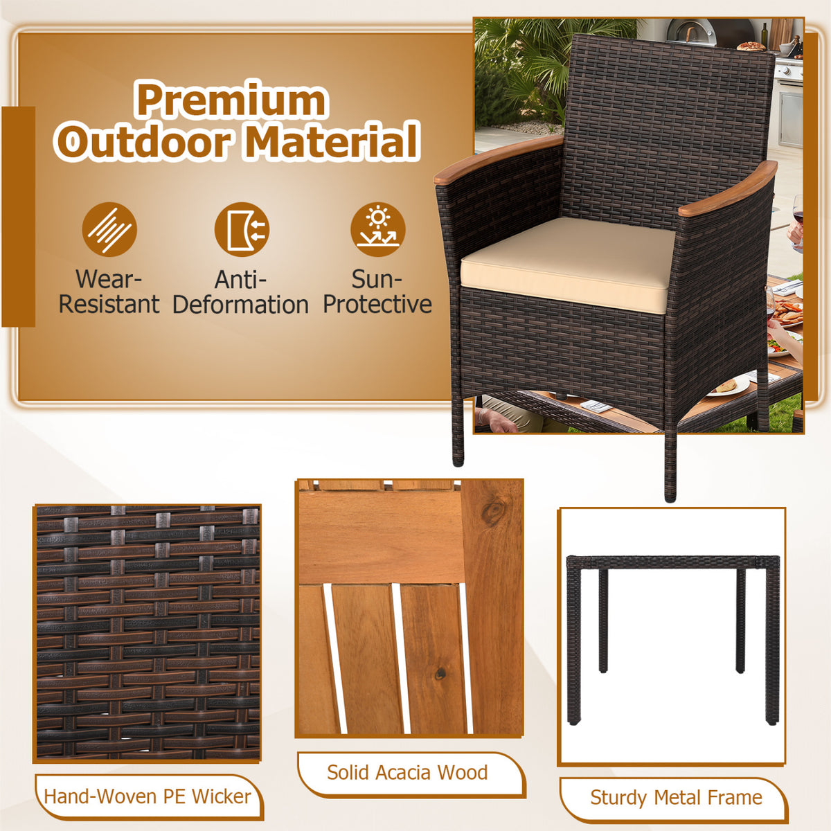 7-Piece Patio Dining Set with Wood Tabletop and Padded Cushion for Backyard-Brown