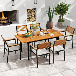 7-Piece Patio Dining Set Wood Metal with Seat Cushions and Umbrella Hole-White