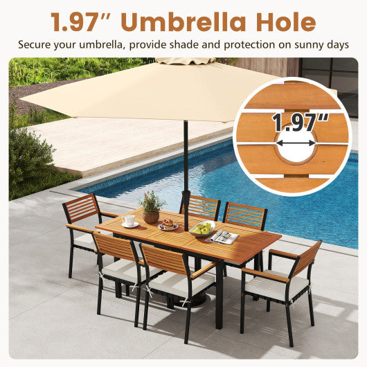 7-Piece Patio Dining Set Wood Metal with Seat Cushions and Umbrella Hole-White