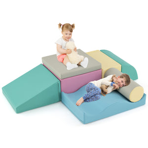 7-Piece Soft Play Equipment with Zippered PU Cover Indoor Foam Climbing Blocks-Blue