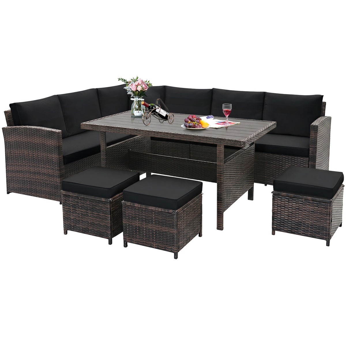 7 Pieces Hand-woven Cozy Wicker Patio Furniture Set-Black