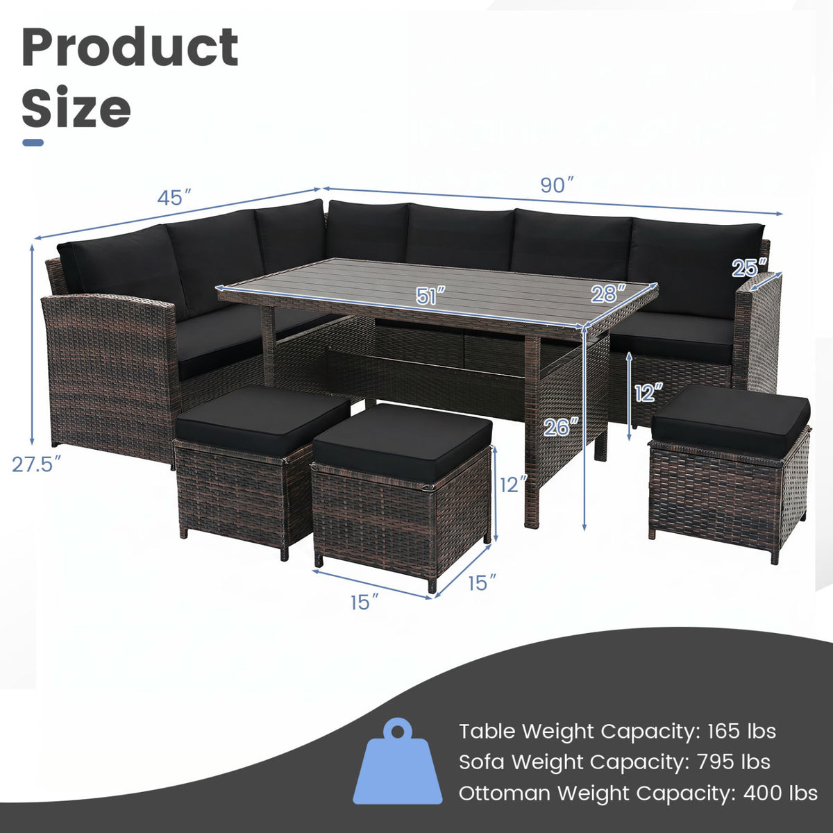 7 Pieces Hand-woven Cozy Wicker Patio Furniture Set-Black