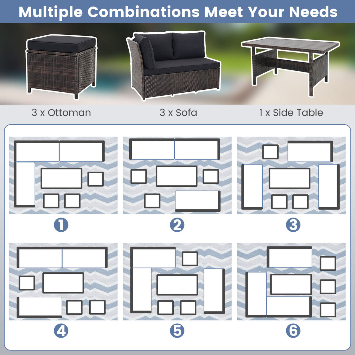 7 Pieces Hand-woven Cozy Wicker Patio Furniture Set-Black