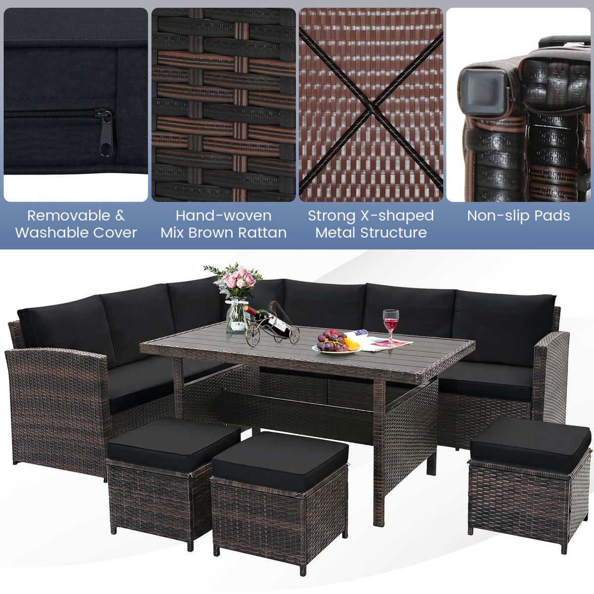 7 Pieces Hand-woven Cozy Wicker Patio Furniture Set-Black