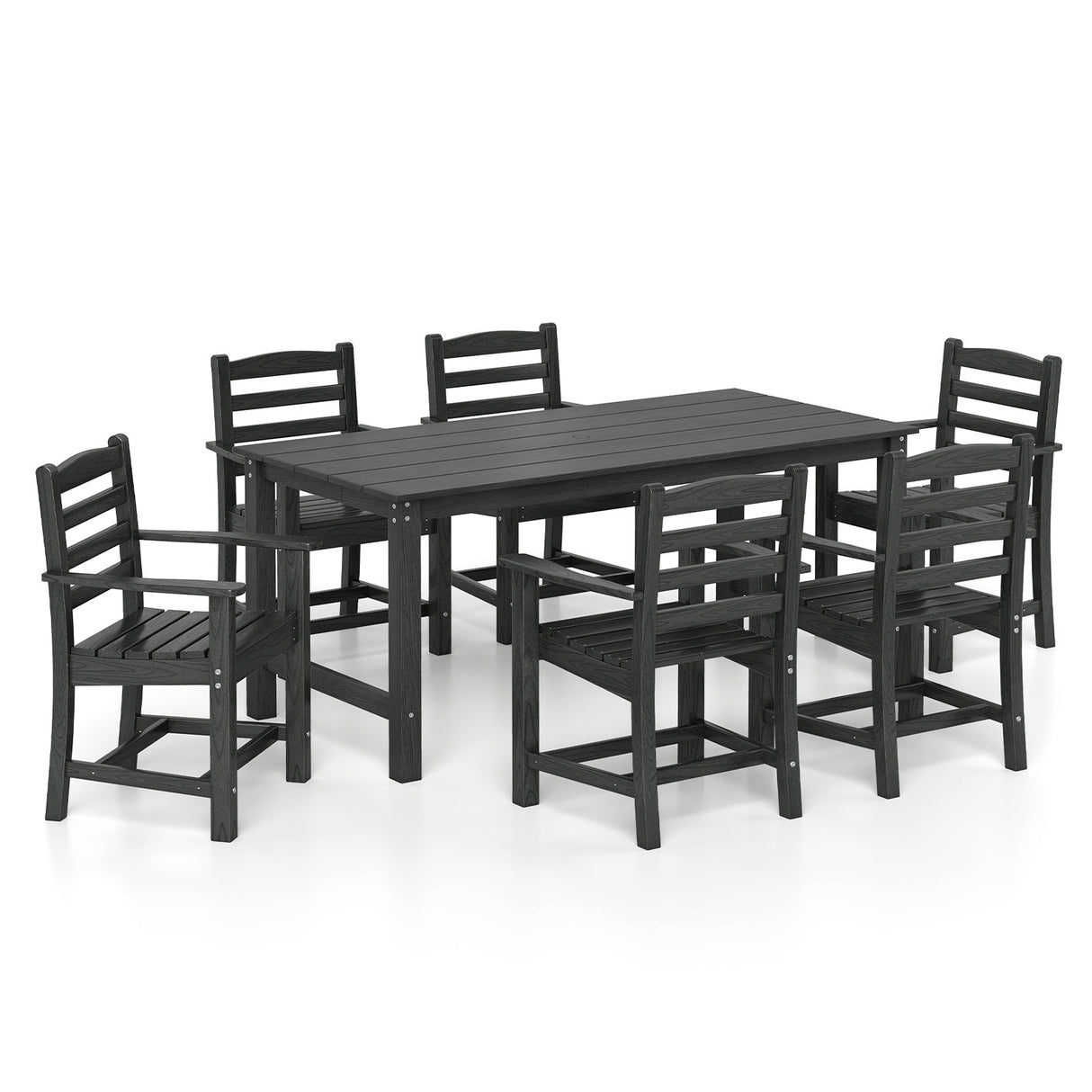 7 Pieces Outdoor Dining Table Set for 6 People 67 Inch HDPE Patio Rectangle Table and 6 Armchairs-Black
