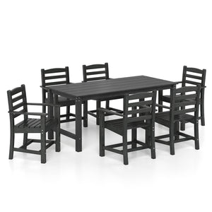7 Pieces Outdoor Dining Table Set for 6 People 67 Inch HDPE Patio Rectangle Table and 6 Armchairs-Black