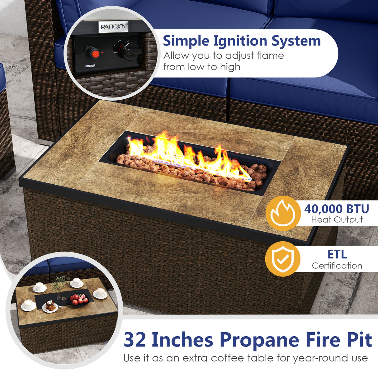 7 Pieces Outdoor Furniture Set with 32 Inch Fire Pit Table and Propane Tank Cover-Navy
