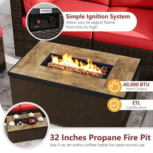 7 Pieces Outdoor Furniture Set with 32 Inch Fire Pit Table and Propane Tank Cover-Red