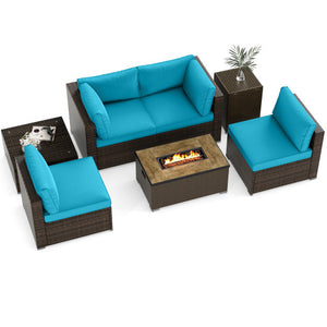 7 Pieces Outdoor Furniture Set with 32 Inch Fire Pit Table and Propane Tank Cover-Turquoise