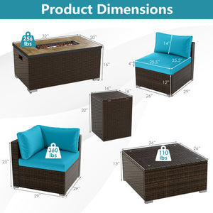 7 Pieces Outdoor Furniture Set with 32 Inch Fire Pit Table and Propane Tank Cover-Turquoise