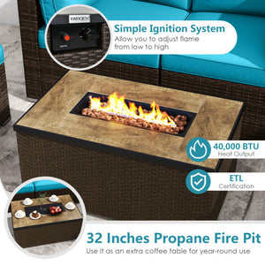 7 Pieces Outdoor Furniture Set with 32 Inch Fire Pit Table and Propane Tank Cover-Turquoise